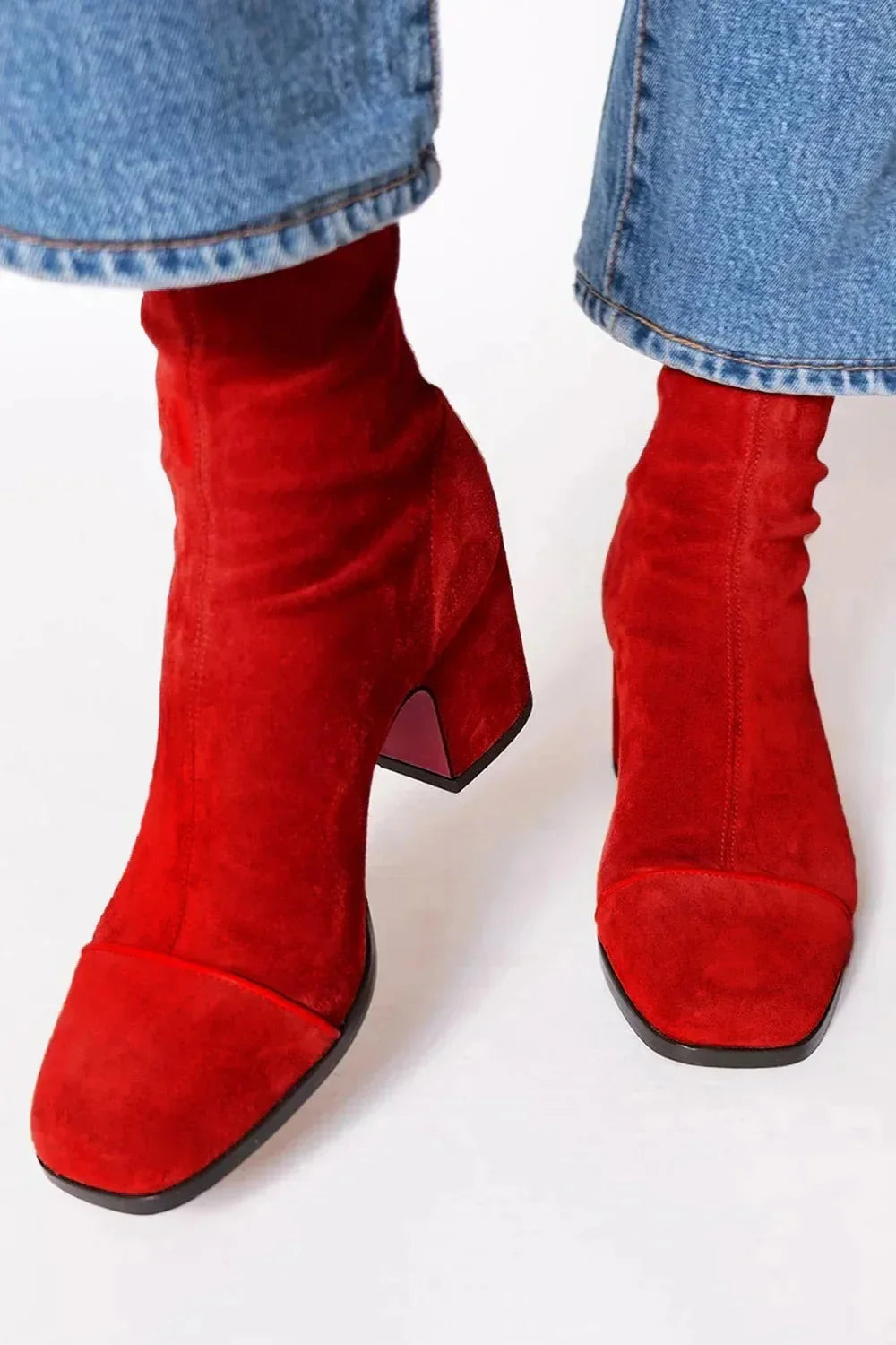 Women's suede ankle square-toe block-heel boots with back-zipper