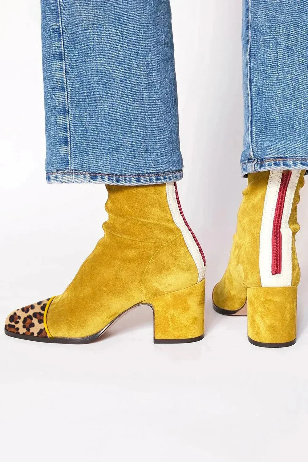 Women's suede ankle square-toe block-heel boots with back-zipper – Yellow