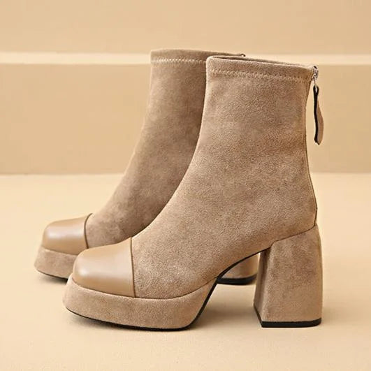 Women's suede chunky-heel platform boots with square-toe and back-zip