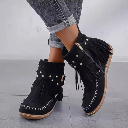 Women's suede fringe studded ankle boot with side zipper and buckle strap – Black