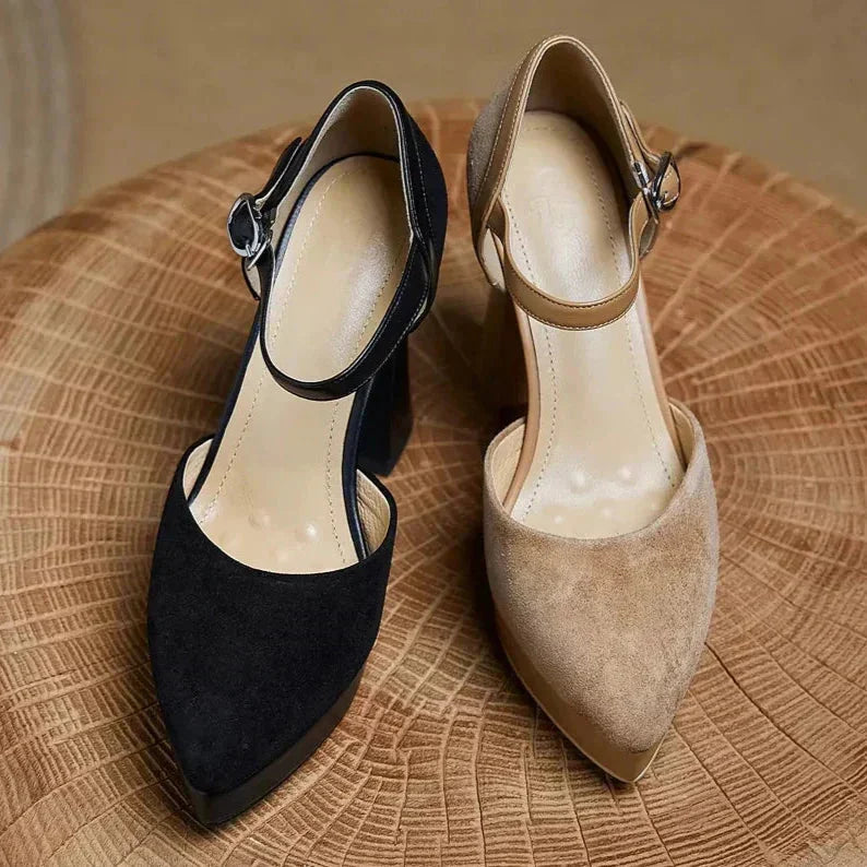 Women's suede platform block-heel pointed-toe pumps with ankle strap