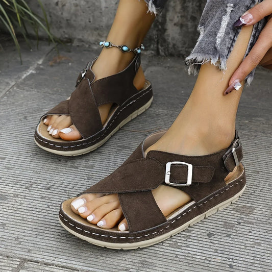 Women's suede platform sandals with criss-cross double buckle straps