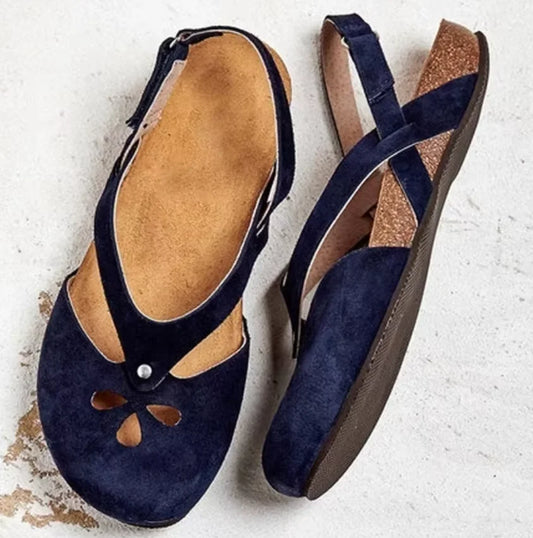 Women's suede slingback sandals with closed-toe floral cut-outs – Dark Blue