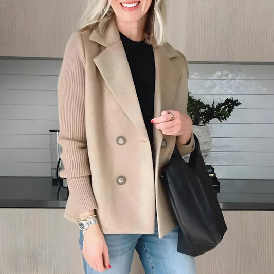Women's tailored double-breasted peacoat with ribbed knit sleeves – Beige