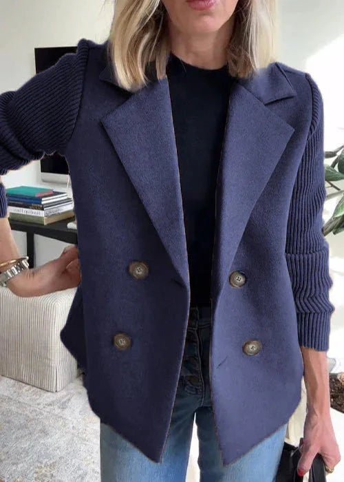 Women's tailored double-breasted peacoat with ribbed knit sleeves – Blue