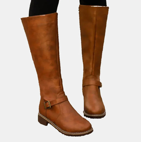 Women's tall riding knee high boots buckle strap low heel