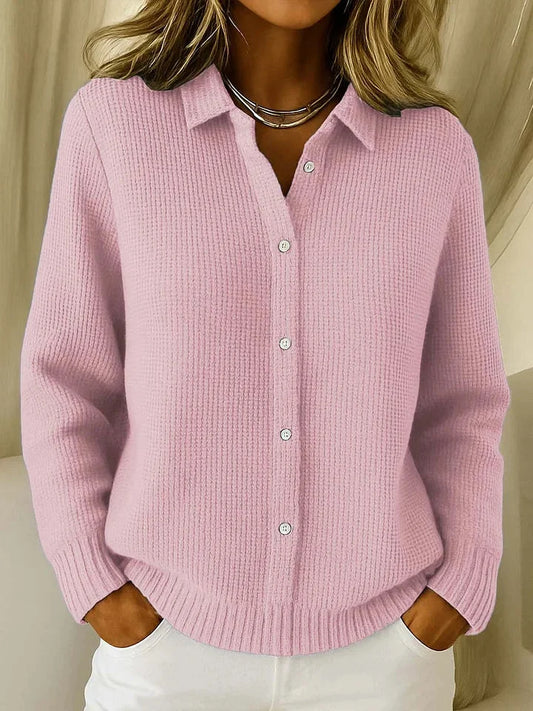 Women's textured knit cardigan sweater with button-front collared V-neck – pink