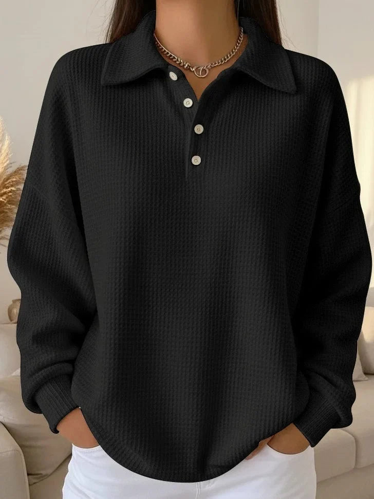 Women's textured knit polo sweater with long-sleeve and buttoned placket – Black