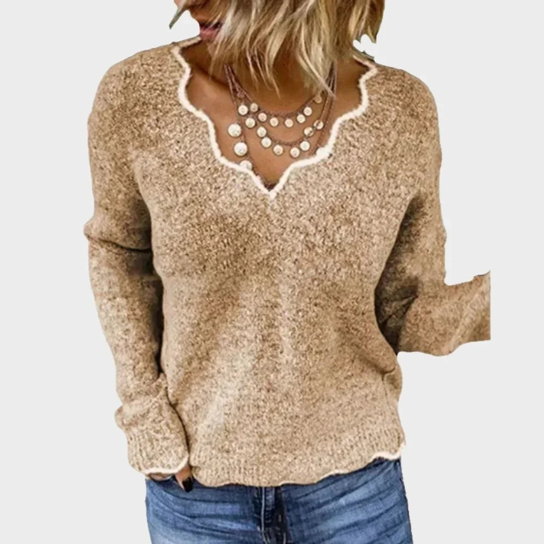 Women's textured knit sweater with contrast scalloped V-neck and long sleeves