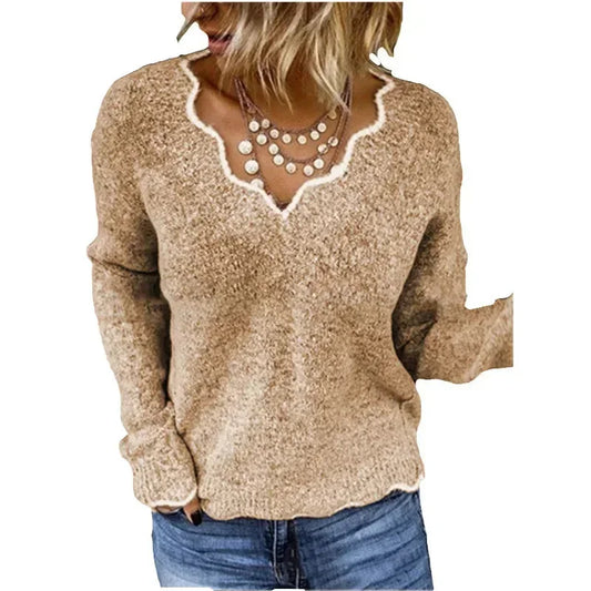 Women's textured knit sweater with contrast scalloped V-neck and long sleeves – Khaki