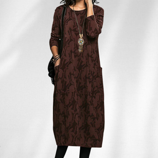 Women's textured leaf winter midi dress with crewneck long-sleeve and side pockets – Burgundy