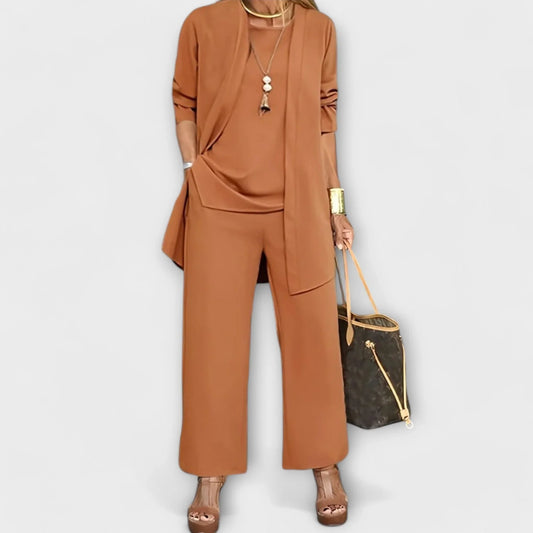 Women's three-piece coordinated set with wide-leg trousers and open-front cardigan