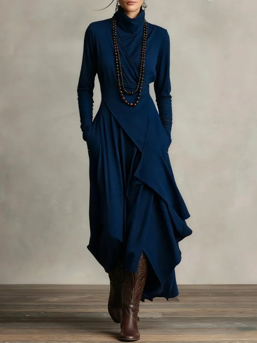 Women's turtleneck asymmetric hem draped long sleeve dress – Navy Blue