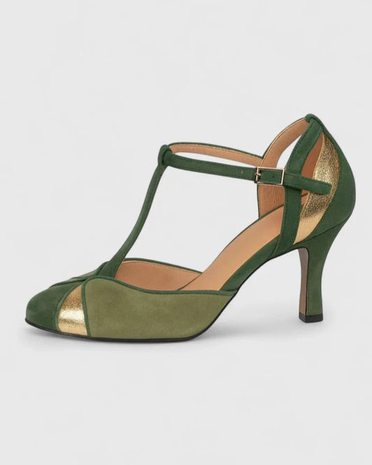 Women's two-tone suede T-bar heels with rounded-toe and ankle strap – Green