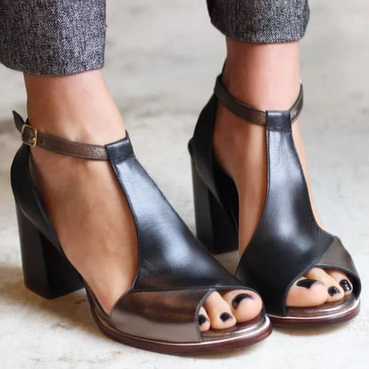 Women's two-tone leather peep-toe sandals with T-strap and block heel – Black