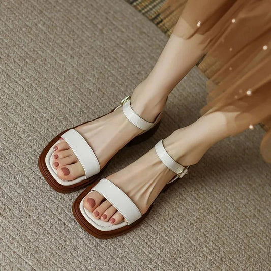 Women's vegan leather chunky platform sandals with ankle strap buckle