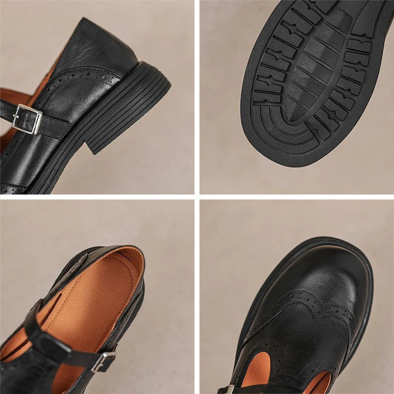 Women's vegan leather Mary-Jane sandals with buckle strap and brogue details