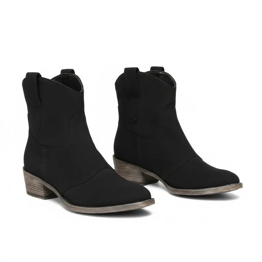 Women's vintage cowboy ankle boots with pointed toe and block heel – Black