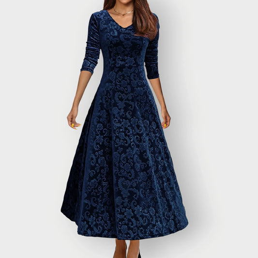 Women's vintage floral embossed velvet midi dress with V-neck 3/4 sleeve – Blue