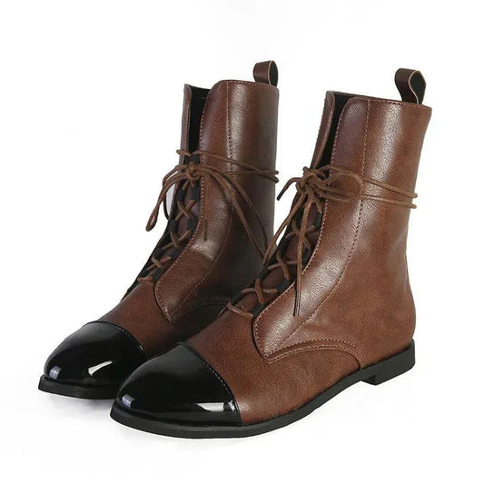 Women's vintage-inspired mid-calf leather boots with lace-up contrast cap-toe