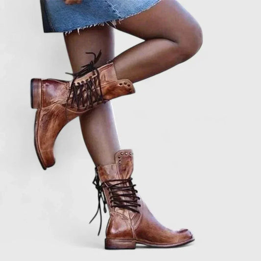 Women's vintage lace-up studded knee high boots block heel