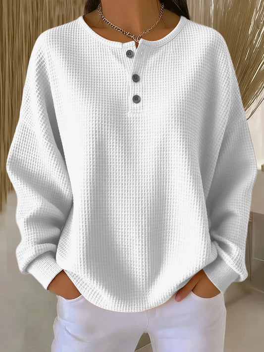 Women's waffle knit long sleeve tee shirt with Henley button placket – White