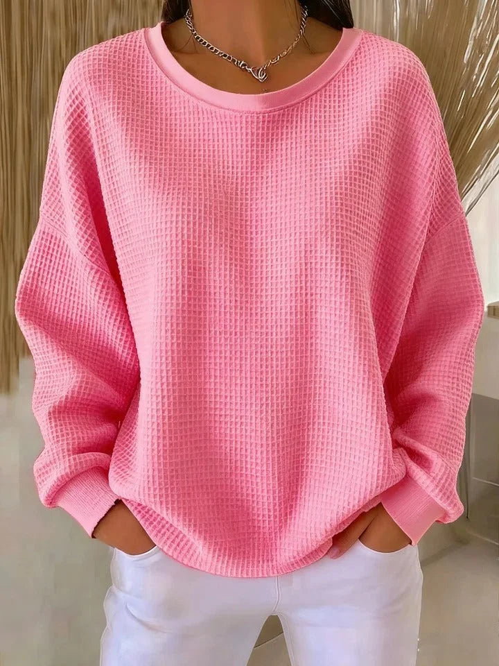 Women's waffle knit sweater with a relaxed fit and long sleeves – Pink