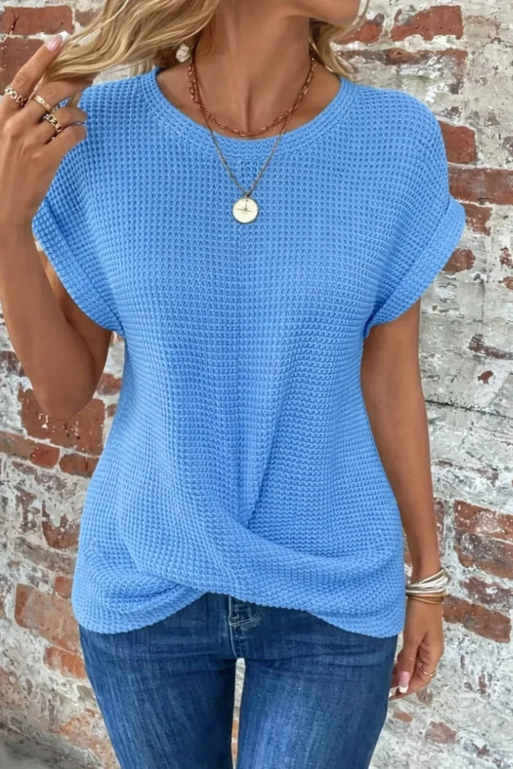 Women's waffle knit sweater with crew-neck short sleeves and front twist – Blue