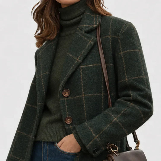 Women's warm blend checkered wool coat with button-front and lapel collar – Green