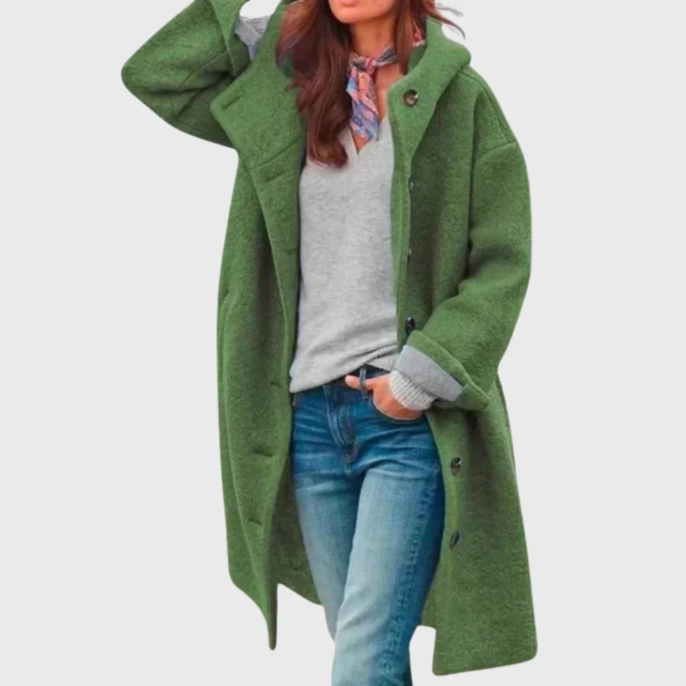 Women's warm classic long hooded textured wool coat with button-front – Green