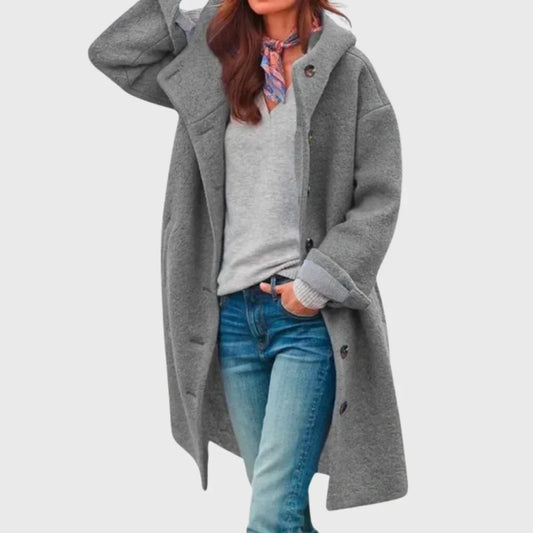 Women's warm classic long hooded textured wool coat with button-front – Grey