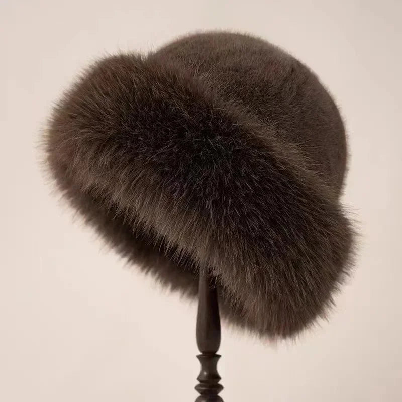Women's warm fluffy faux fur winter hat with wide cuffed brim – Dark Brown