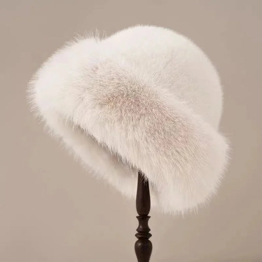 Women's warm fluffy faux fur winter hat with wide cuffed brim – White