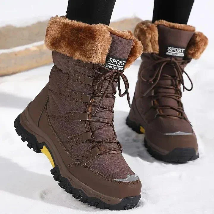 Women's warm waterproof fur-lined winter boots with lace-up quilted design – Brown