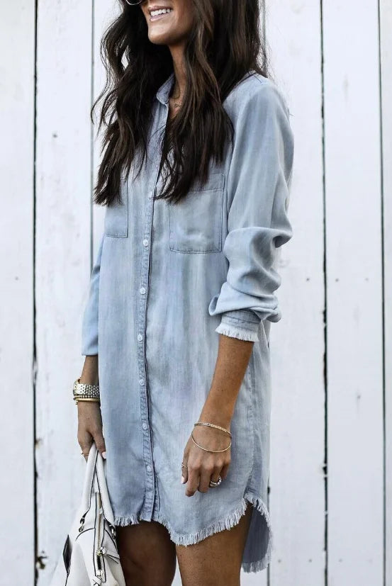 Women's washed denim button-front mini dress with long sleeves and frayed hem