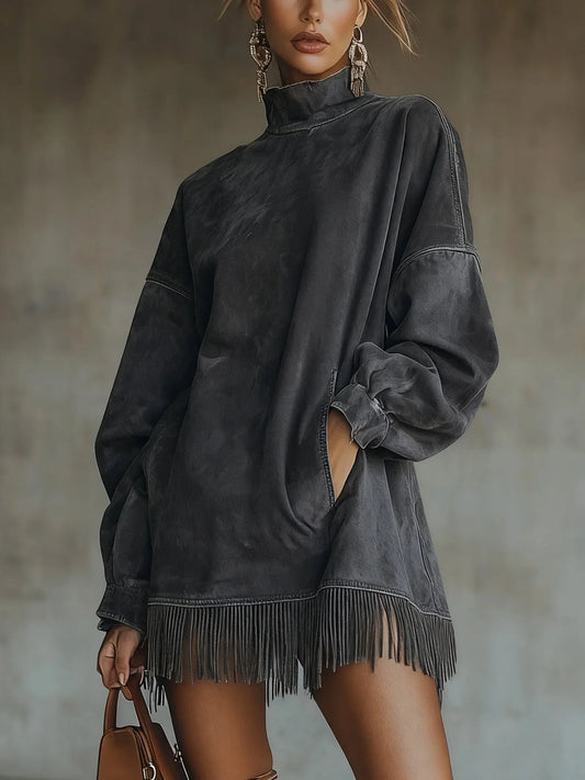 Women's washed oversized mini dress with high-neck and fringe hem – Dark grey