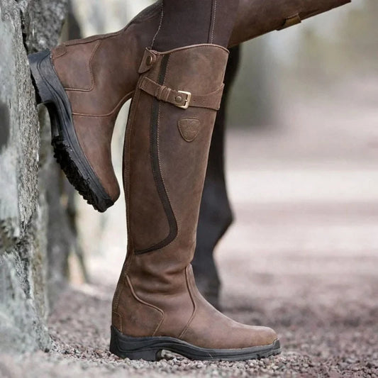 Women's waterproof riding boots with side zipper and buckle strap – Dark Brown