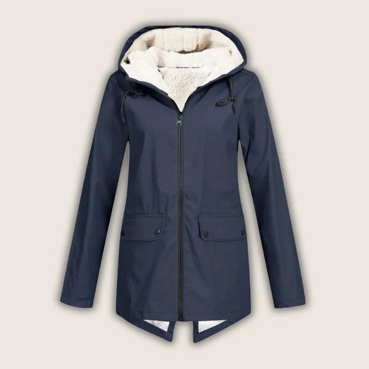 Women's waterproof hooded jacket with sherpa lining and front pockets – Navy
