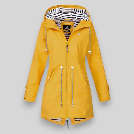 Women's waterproof hooded jacket with striped lining and drawstring waist – Yellow