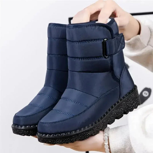 Women's waterproof quilted mid-calf winter boots with velcro strap closure – Blue