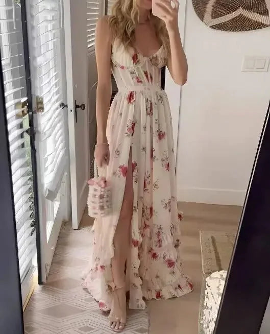 Women's wedding guest floral maxi dress with high-slit
