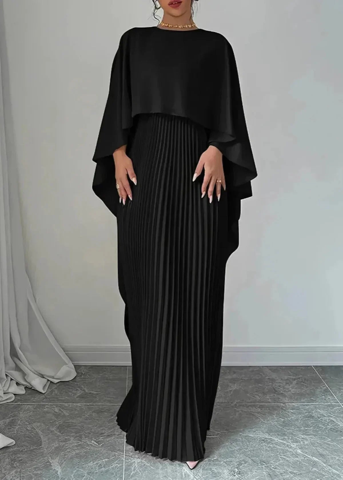 Women’s wedding guest pleated cape maxi dress – Black