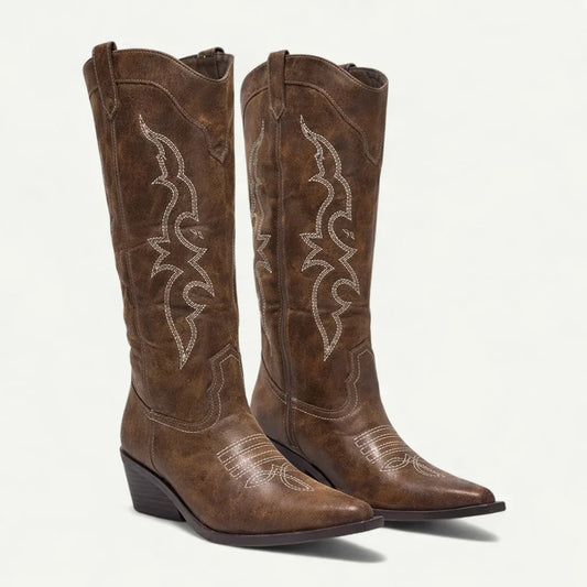 Women's western calf-high boots with pointed toe and decorative stitching – Brown