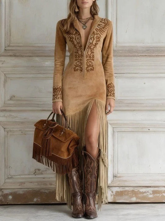 Women's western embroidered suede maxi dress with collared V-neck and fringe hem – Light brown