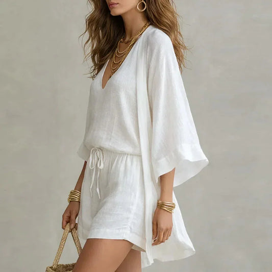 Women's linen three-piece shorts set with V-neck top and kimono cardigan