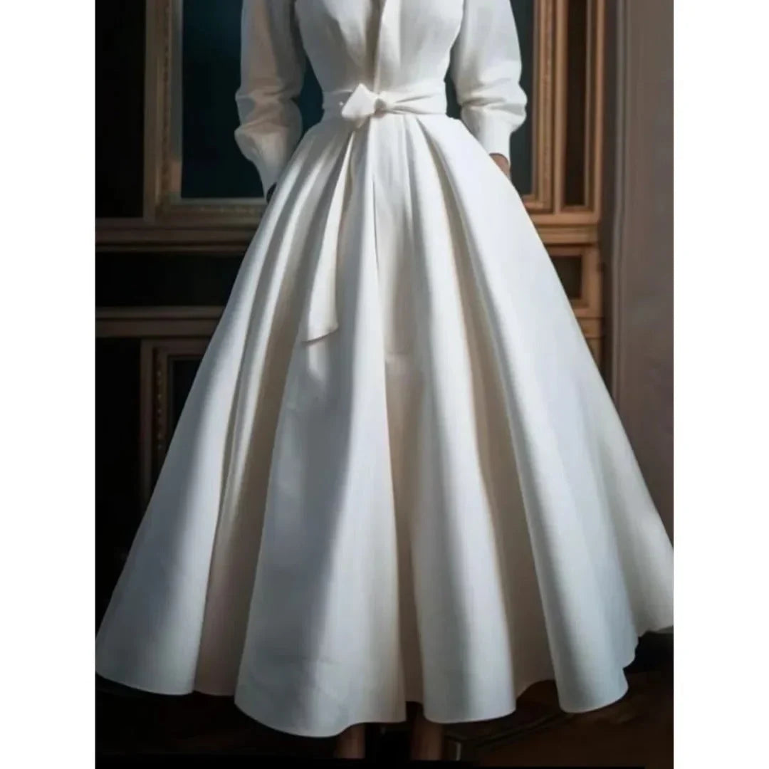 Women's long-sleeve collared V-neck A-line midi dress with belt – White