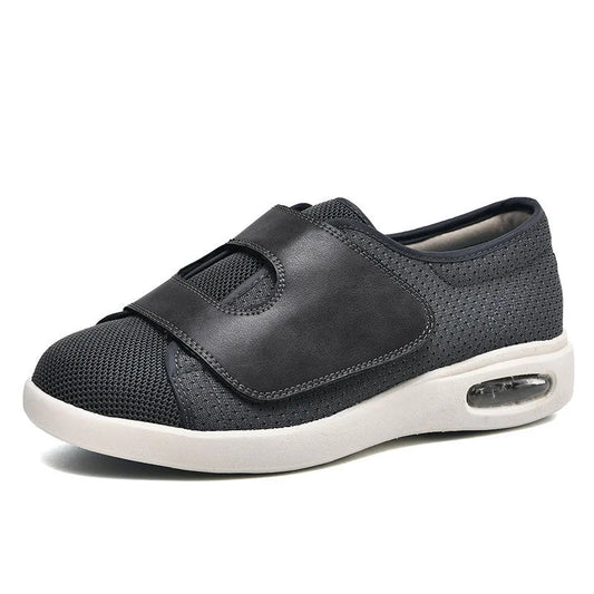 Women's wide fit knit walking sneakers with velcro strap and air cushion – Black
