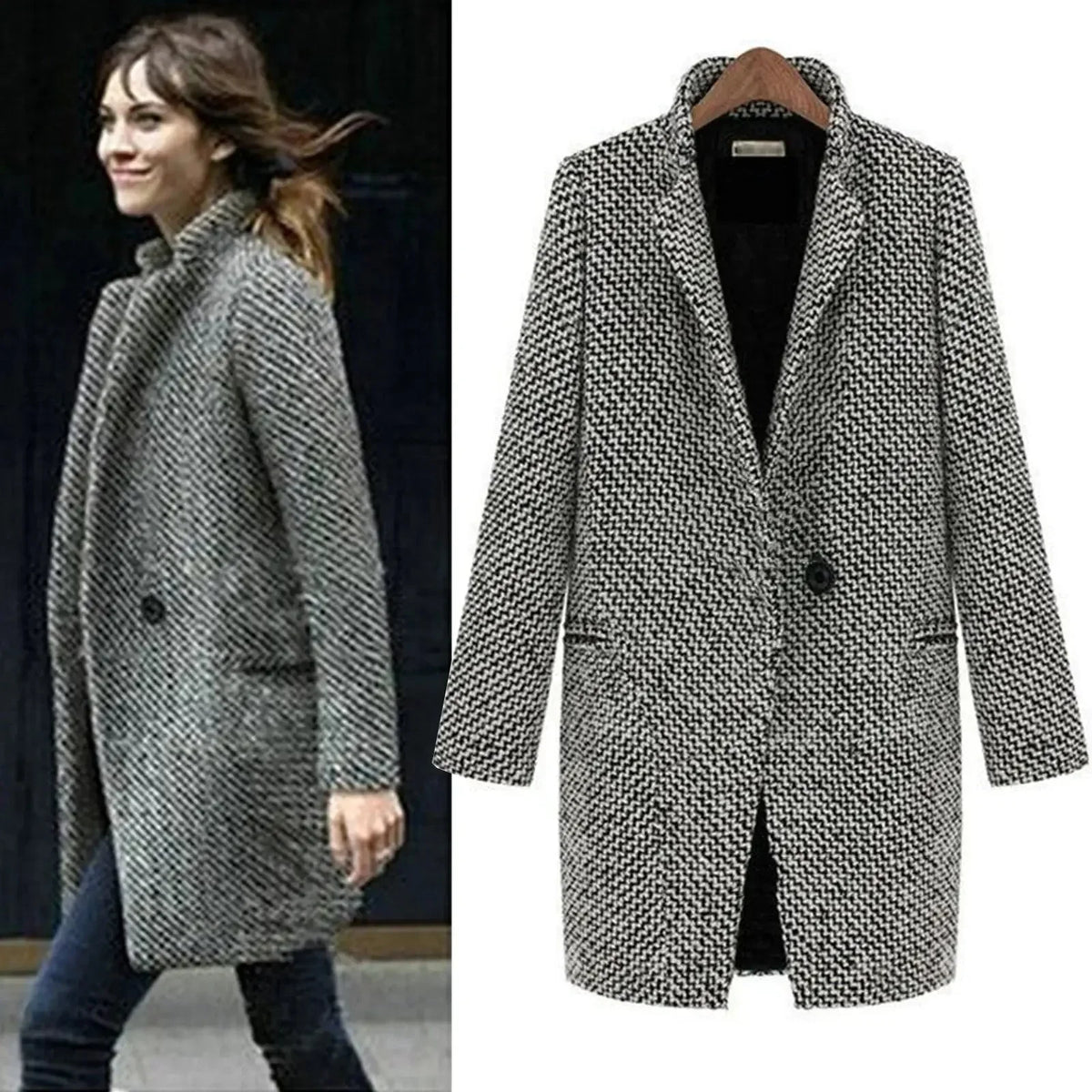 Women's winter houndstooth wool coat with single-button closure – Multicolor