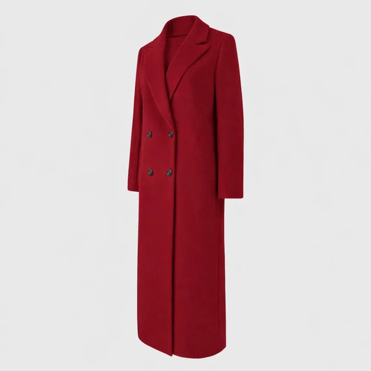 Women's winter longline double-breasted wool coat with notched lapel – Red