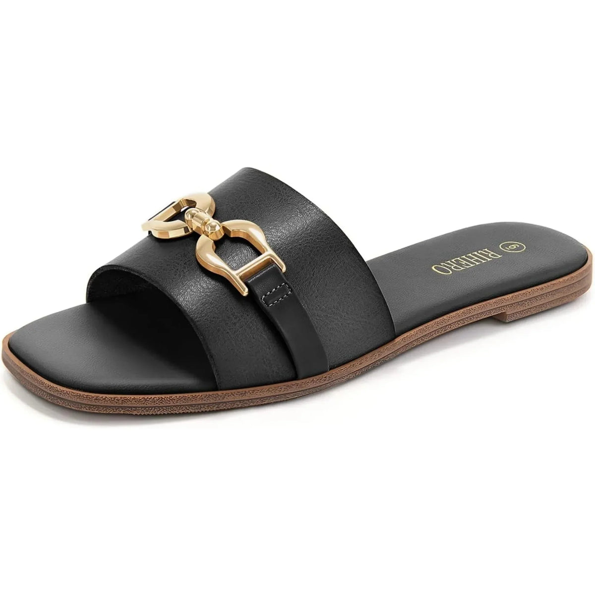 Women's woven slide sandals with decorative buckle accent – Black